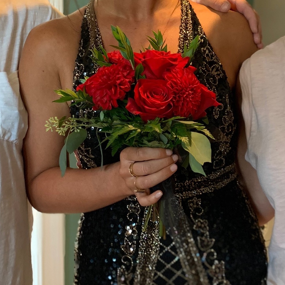 Black and gold beaded prom dress
